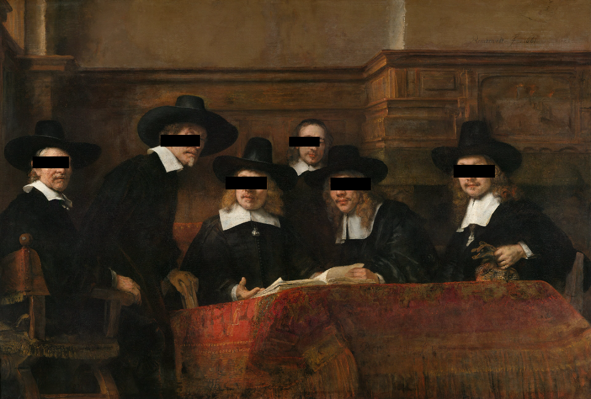 Rembrandt's The Syndics (De Staalmeesters), 1662 — the six men's eyes redacted with black bars.